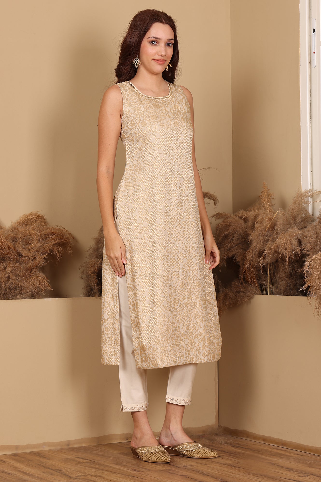 Beige Jacquard Sleeveless Embellished Kurta, Pants And Dupatta Set - wforwoman