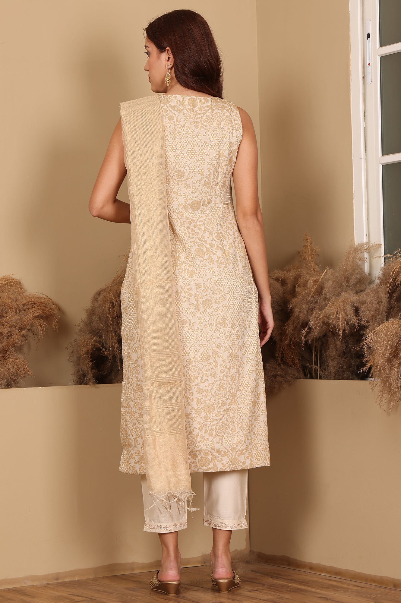 Beige Jacquard Sleeveless Embellished Kurta, Pants And Dupatta Set - wforwoman