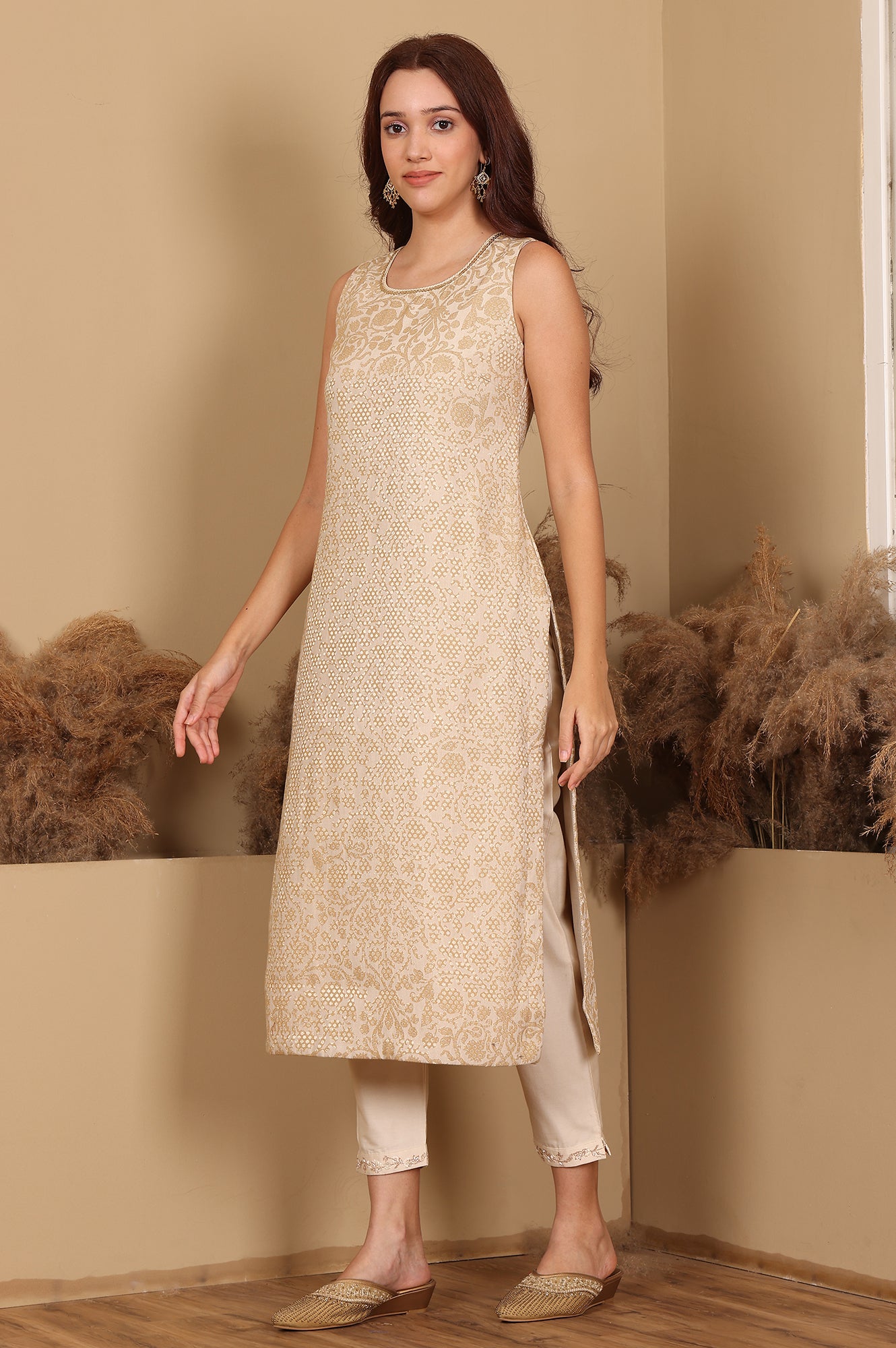 Beige Jacquard Sleeveless Embellished Kurta, Pants And Dupatta Set - wforwoman