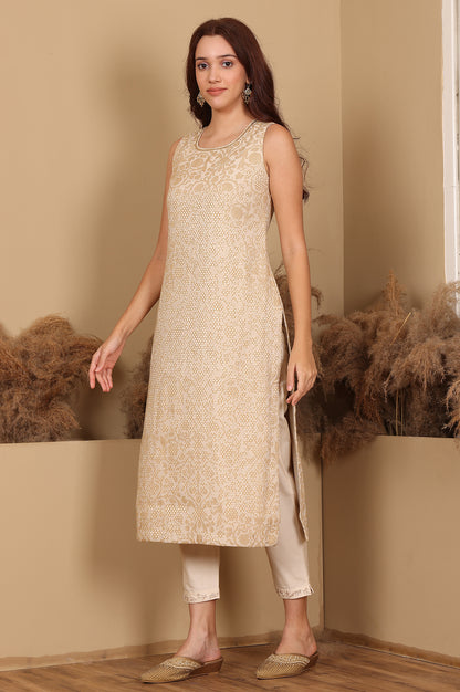 Beige Jacquard Sleeveless Embellished Kurta, Pants And Dupatta Set - wforwoman