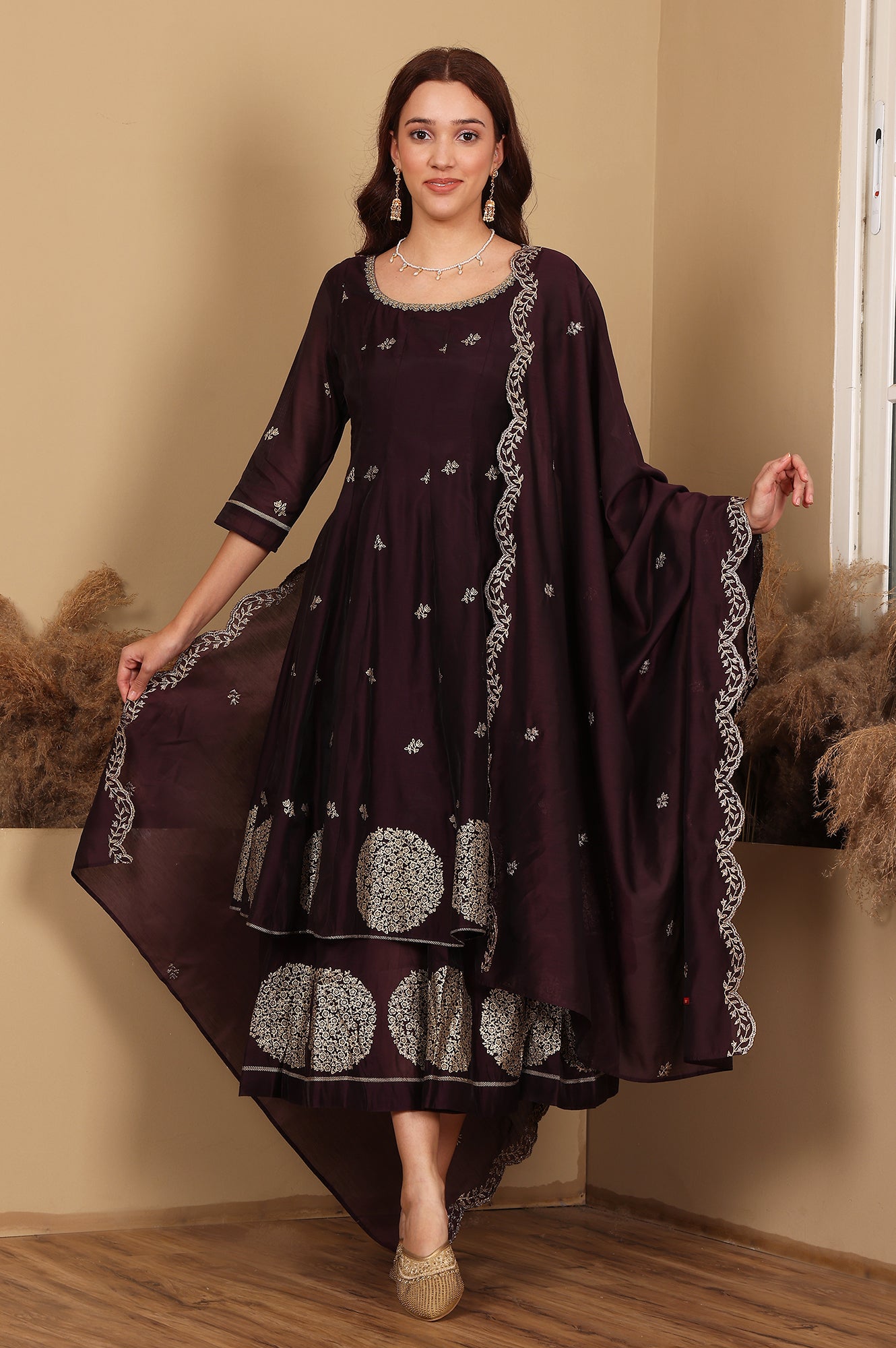 Purple Floral Printed Dori Embroidered Chanderi Flared Kurta With Mock Layer And Dupatta Set - wforwoman