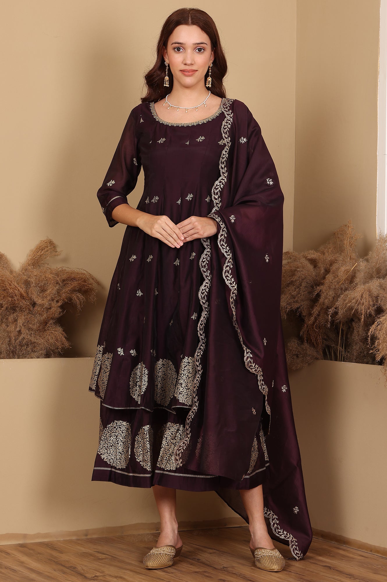 Purple Floral Printed Dori Embroidered Chanderi Flared Kurta With Mock Layer And Dupatta Set - wforwoman