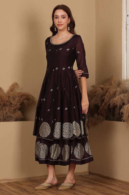 Purple Floral Printed Dori Embroidered Chanderi Flared Kurta With Mock Layer And Dupatta Set - wforwoman