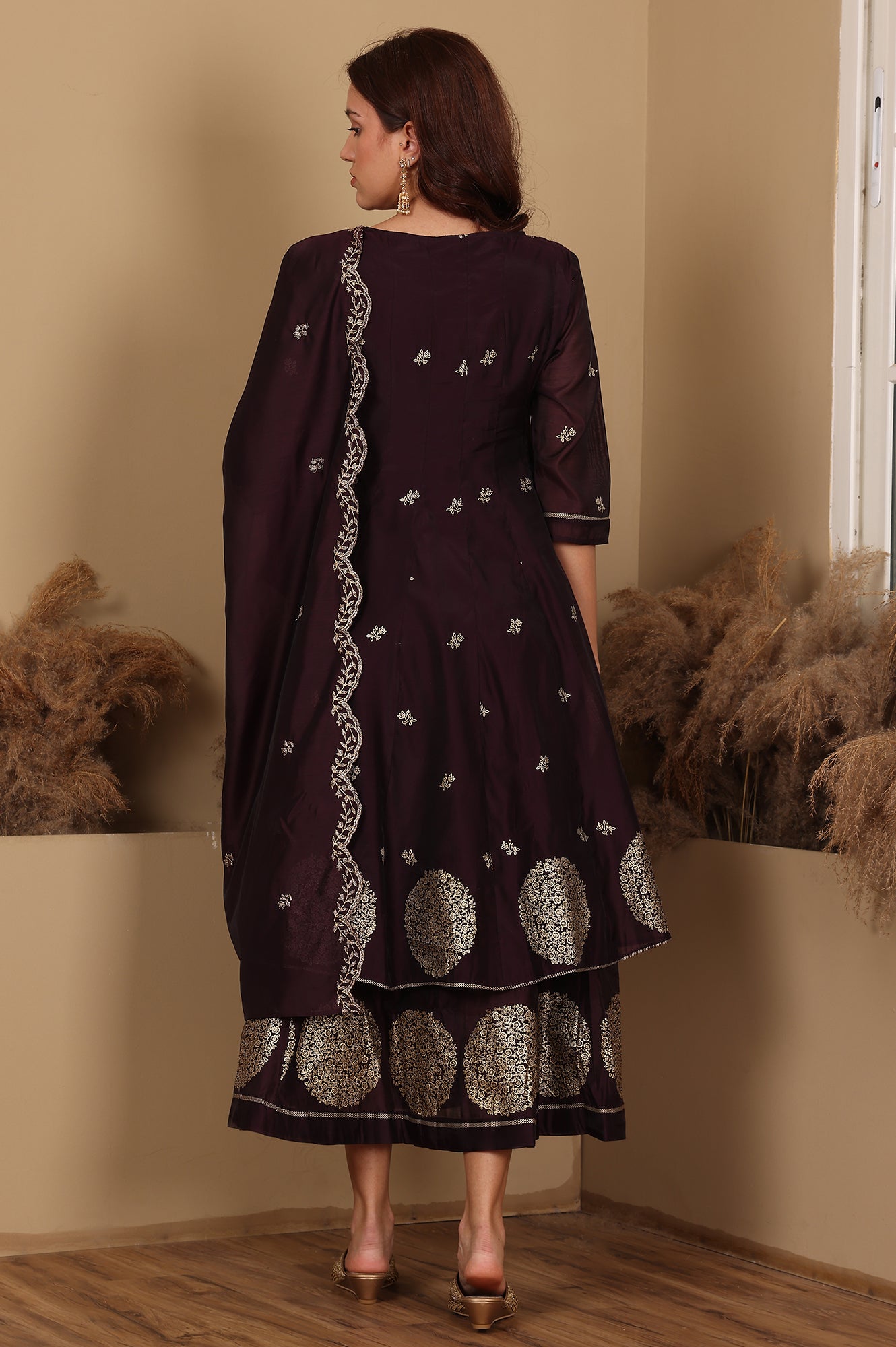 Purple Floral Printed Dori Embroidered Chanderi Flared Kurta With Mock Layer And Dupatta Set - wforwoman