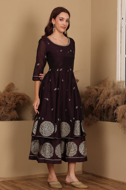 Purple Floral Printed Dori Embroidered Chanderi Flared Kurta With Mock Layer And Dupatta Set - wforwoman