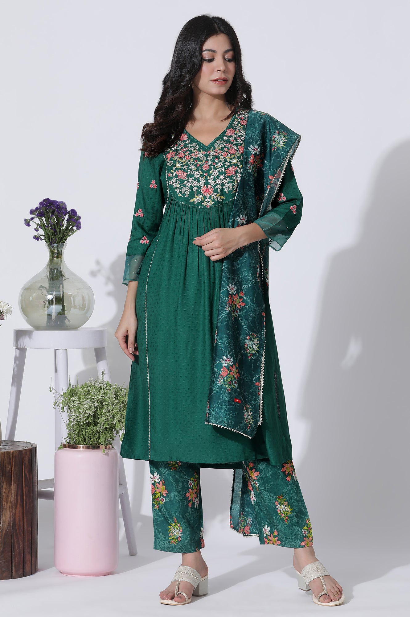 Emerald Green Panelled Embroidered Kurta, Pants And Printed Chanderi Dupatta - wforwoman