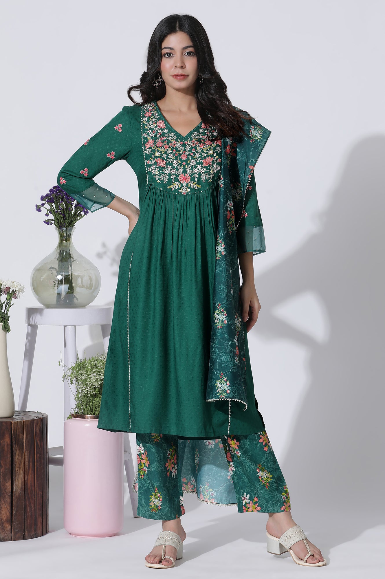 Emerald Green Panelled Embroidered Kurta, Pants And Printed Chanderi Dupatta - wforwoman