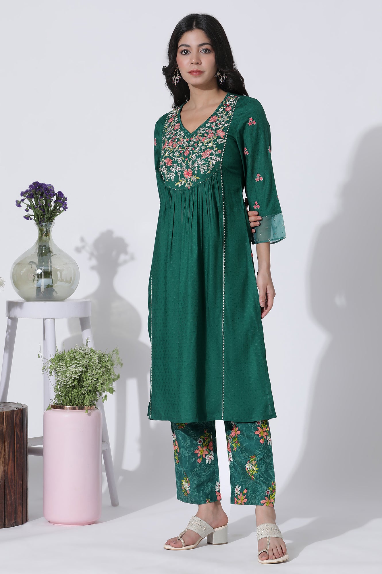 Emerald Green Panelled Embroidered Kurta, Pants And Printed Chanderi Dupatta - wforwoman