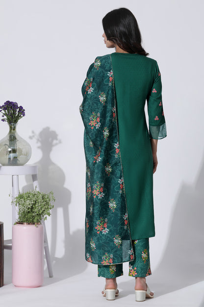 Emerald Green Panelled Embroidered Kurta, Pants And Printed Chanderi Dupatta - wforwoman