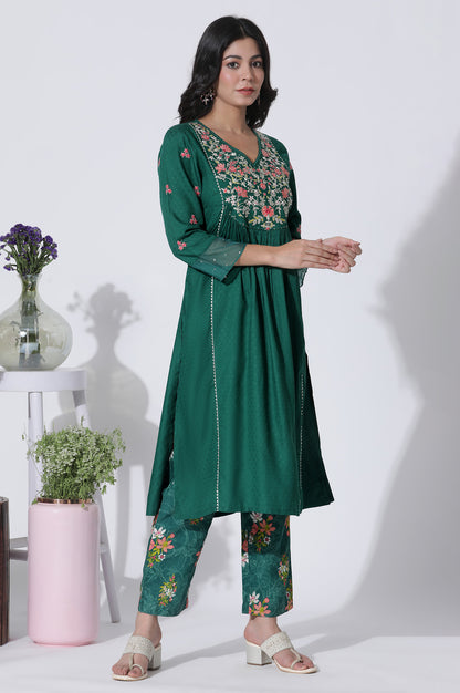 Emerald Green Panelled Embroidered Kurta, Pants And Printed Chanderi Dupatta - wforwoman