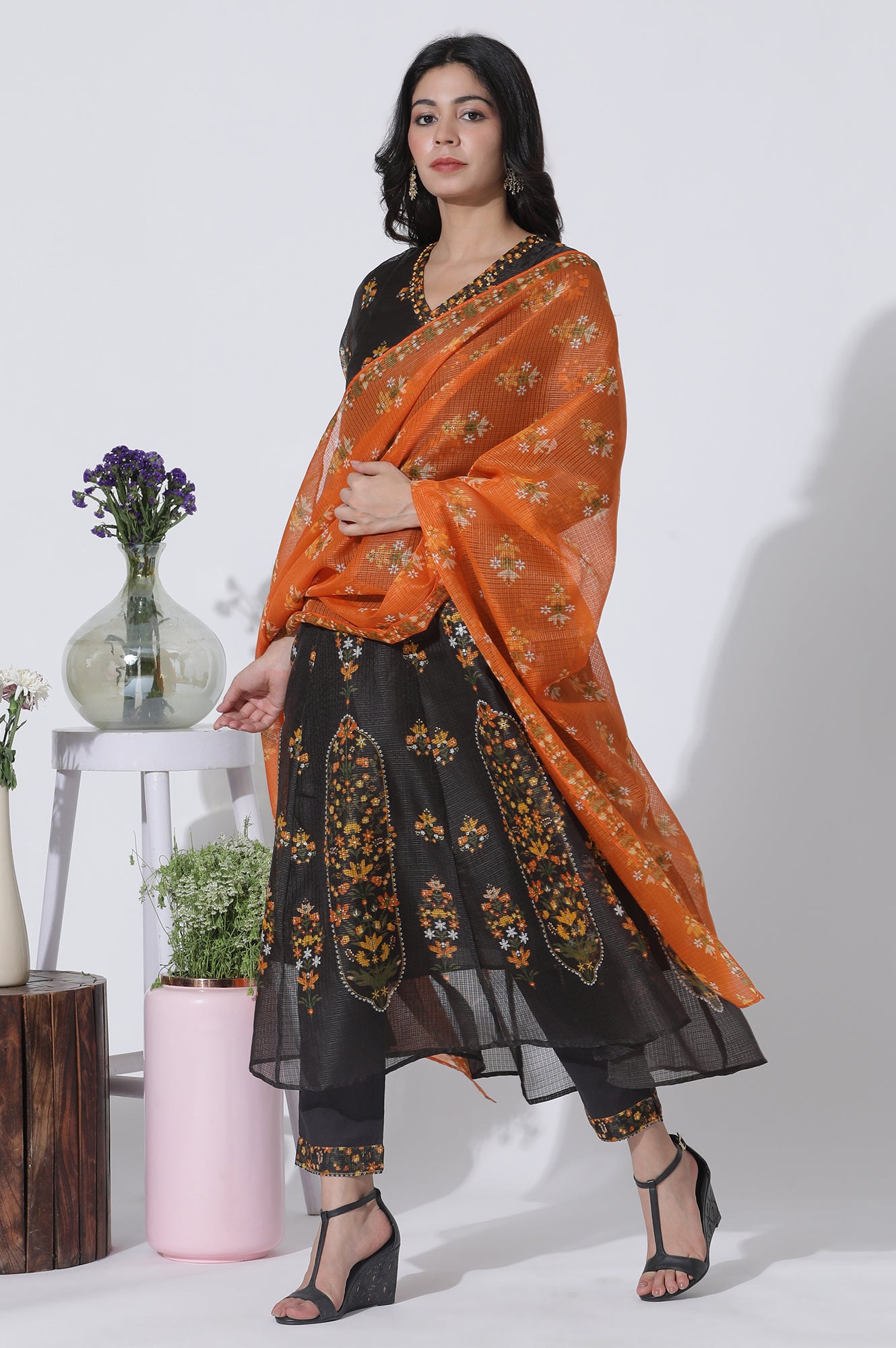 Black Floral Printed Flared Kota Kurta, Pants And Dupatta Set - wforwoman