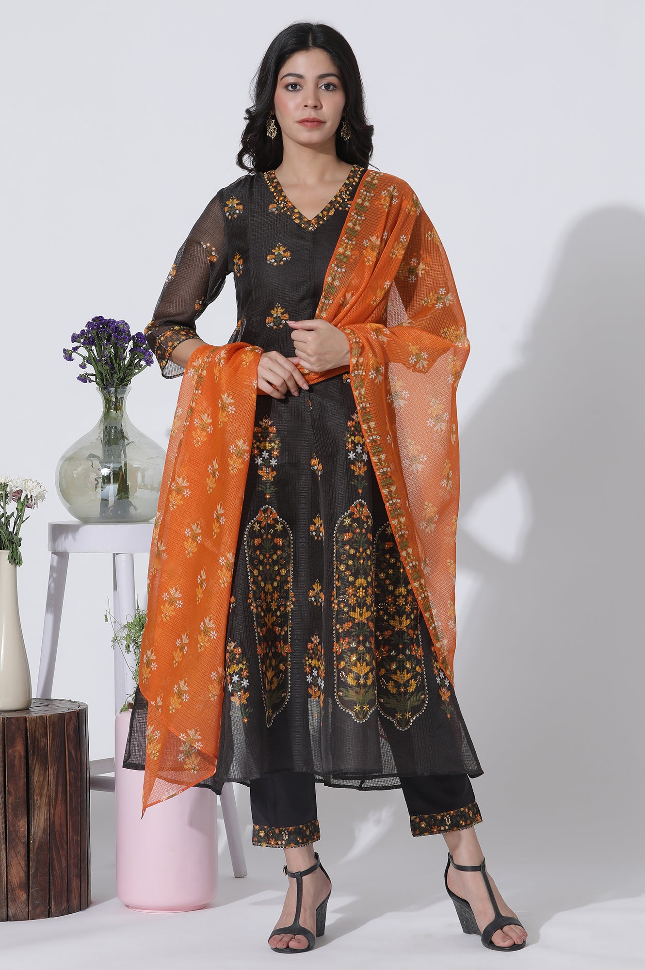 Black Floral Printed Flared Kota Kurta, Pants And Dupatta Set - wforwoman