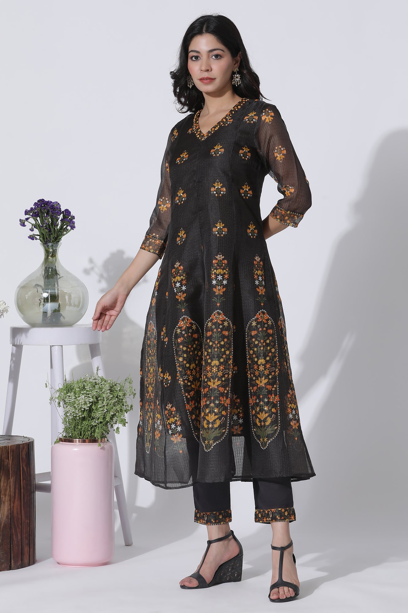 Black Floral Printed Flared Kota Kurta, Pants And Dupatta Set - wforwoman