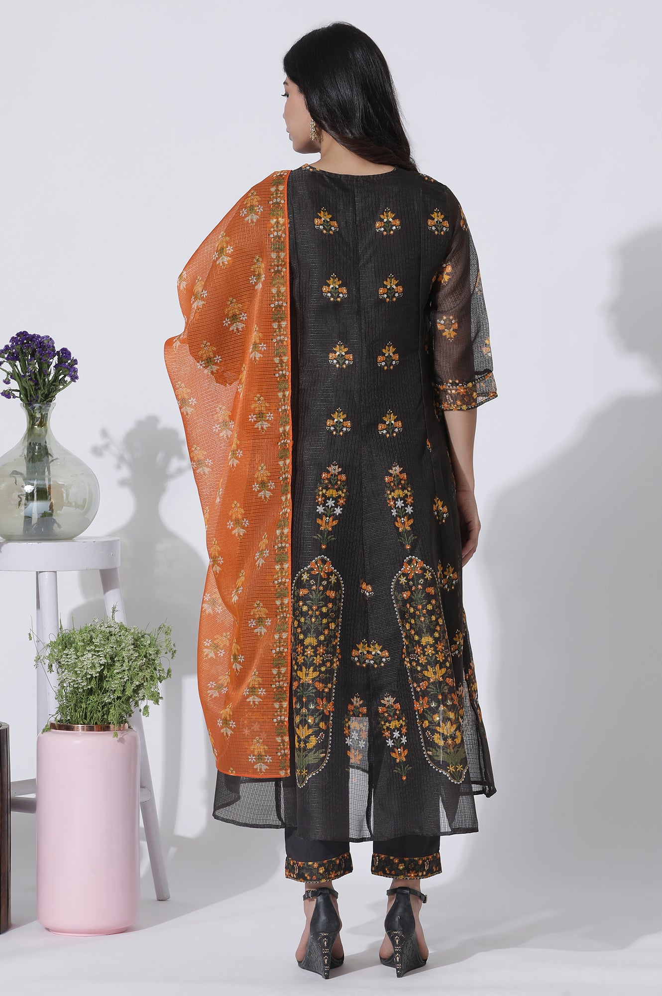 Black Floral Printed Flared Kota Kurta, Pants And Dupatta Set - wforwoman