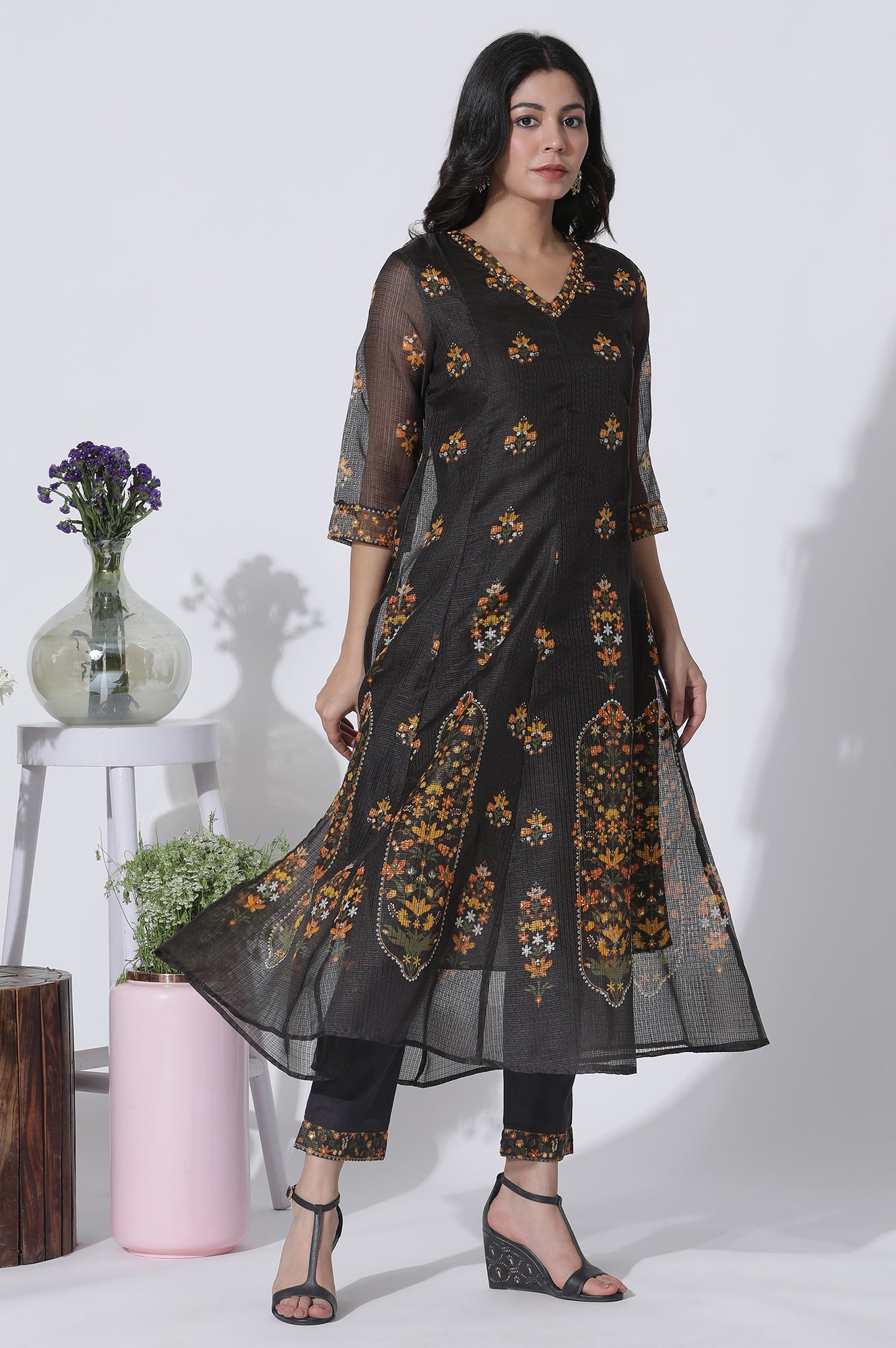 Black Floral Printed Flared Kota Kurta, Pants And Dupatta Set - wforwoman