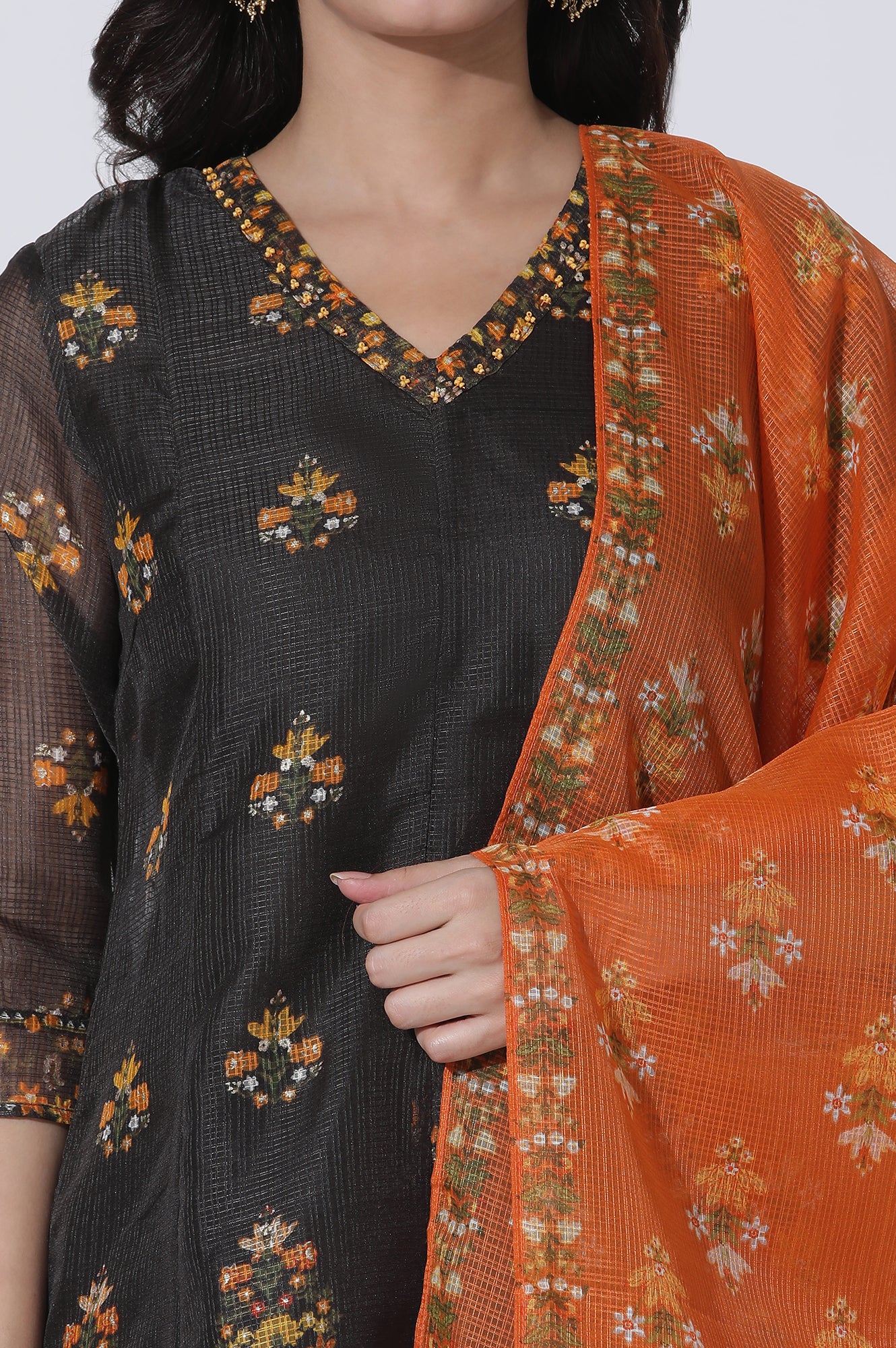 Black Floral Printed Flared Kota Kurta, Pants And Dupatta Set - wforwoman