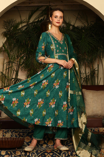 Green Floral Printed Embroidered Flared Kurta, Pants And Dupatta Set