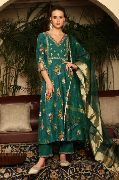 Green Floral Printed Embroidered Flared Kurta, Pants And Dupatta Set