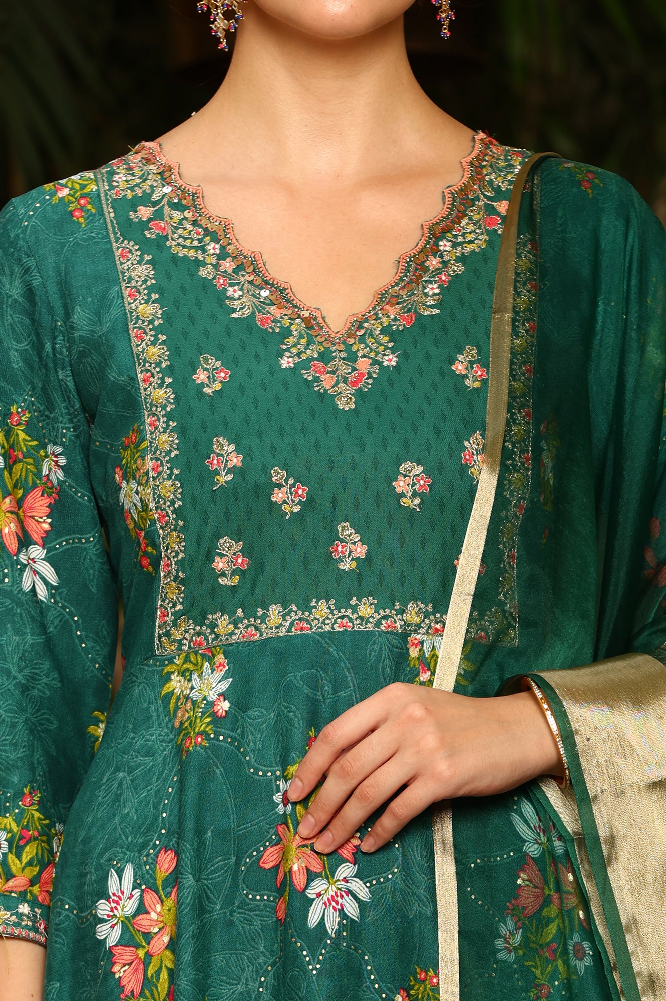 Green Floral Printed Embroidered Flared Kurta, Pants And Dupatta Set