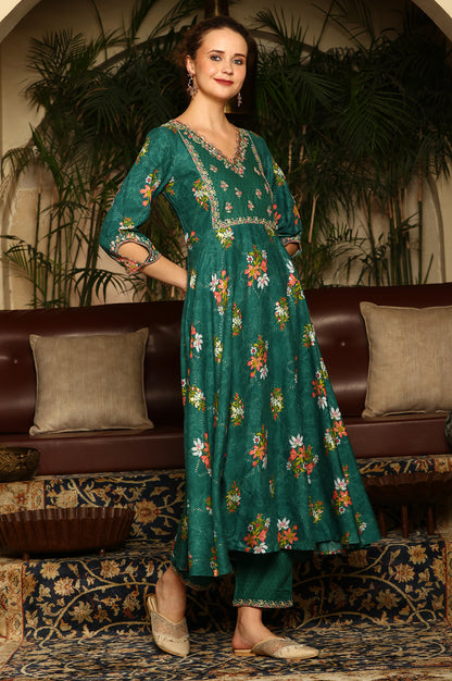 Green Floral Printed Embroidered Flared Kurta, Pants And Dupatta Set