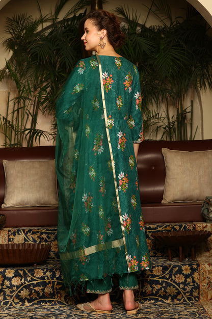 Green Floral Printed Embroidered Flared Kurta, Pants And Dupatta Set