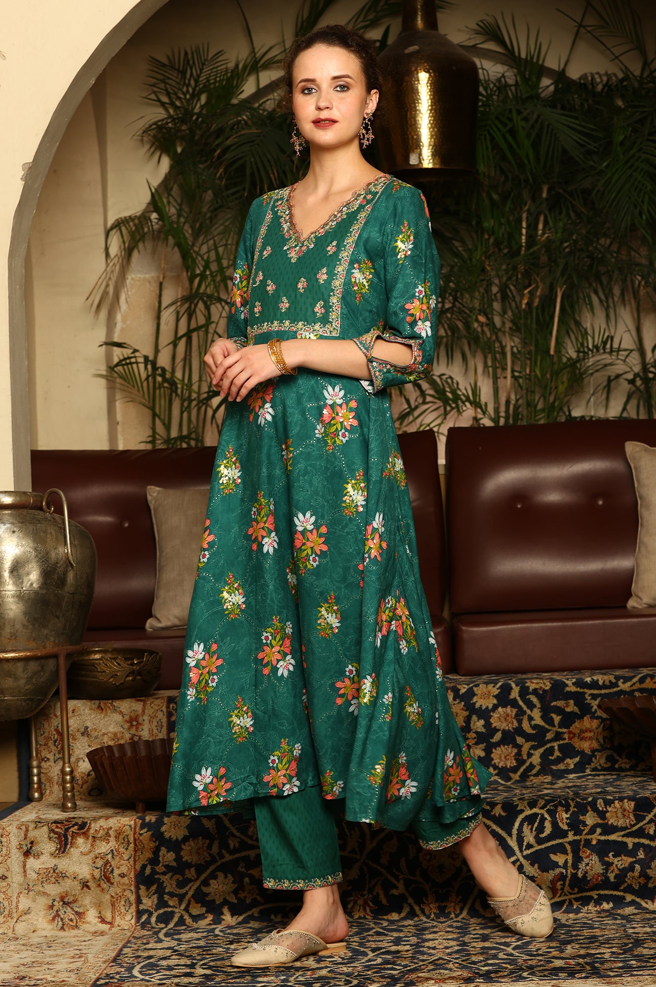 Green Floral Printed Embroidered Flared Kurta, Pants And Dupatta Set