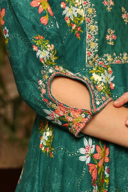 Green Floral Printed Embroidered Flared Kurta, Pants And Dupatta Set