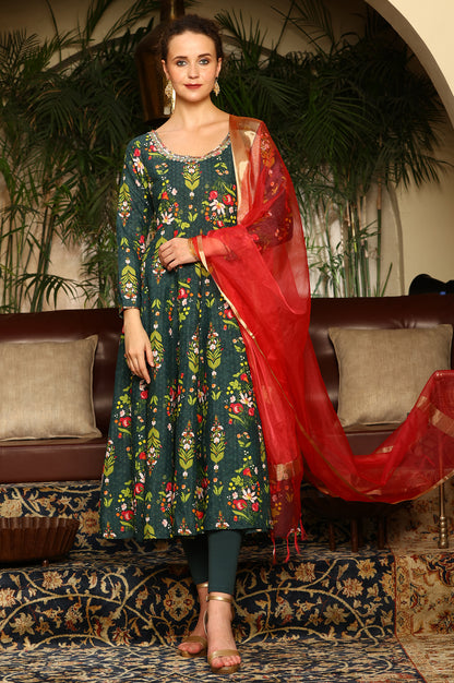 Deep Green Floral Printed Shantung Anarkali Kurta, Tights And Organza Dupatta