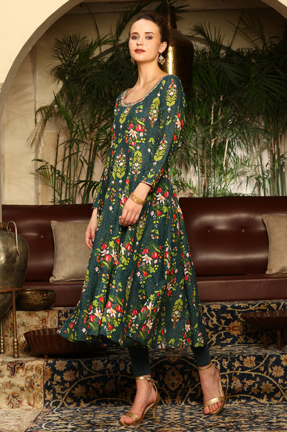 Deep Green Floral Printed Shantung Anarkali Kurta, Tights And Organza Dupatta