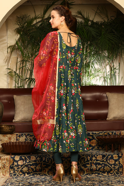 Deep Green Floral Printed Shantung Anarkali Kurta, Tights And Organza Dupatta