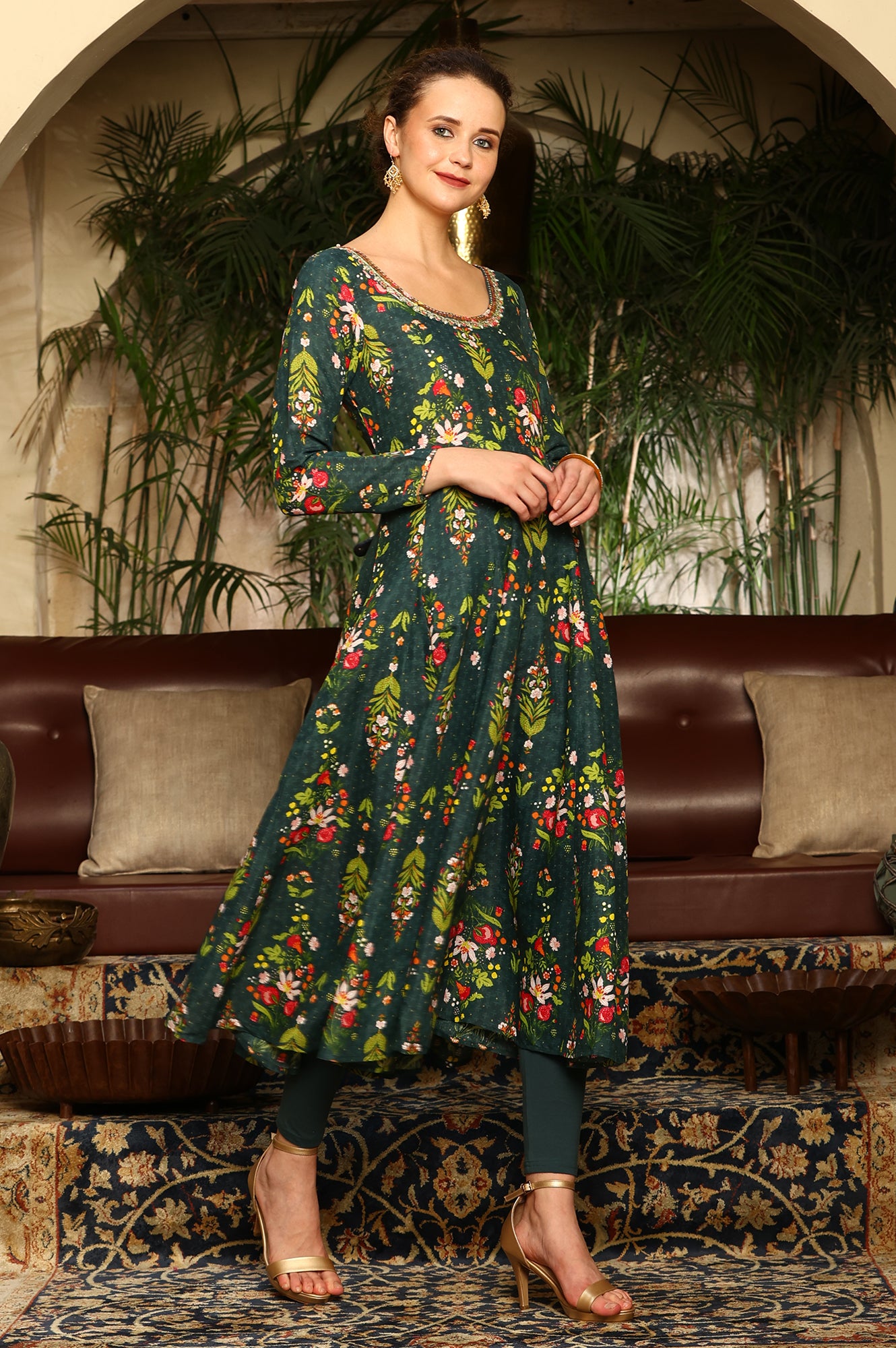 Deep Green Floral Printed Shantung Anarkali Kurta, Tights And Organza Dupatta