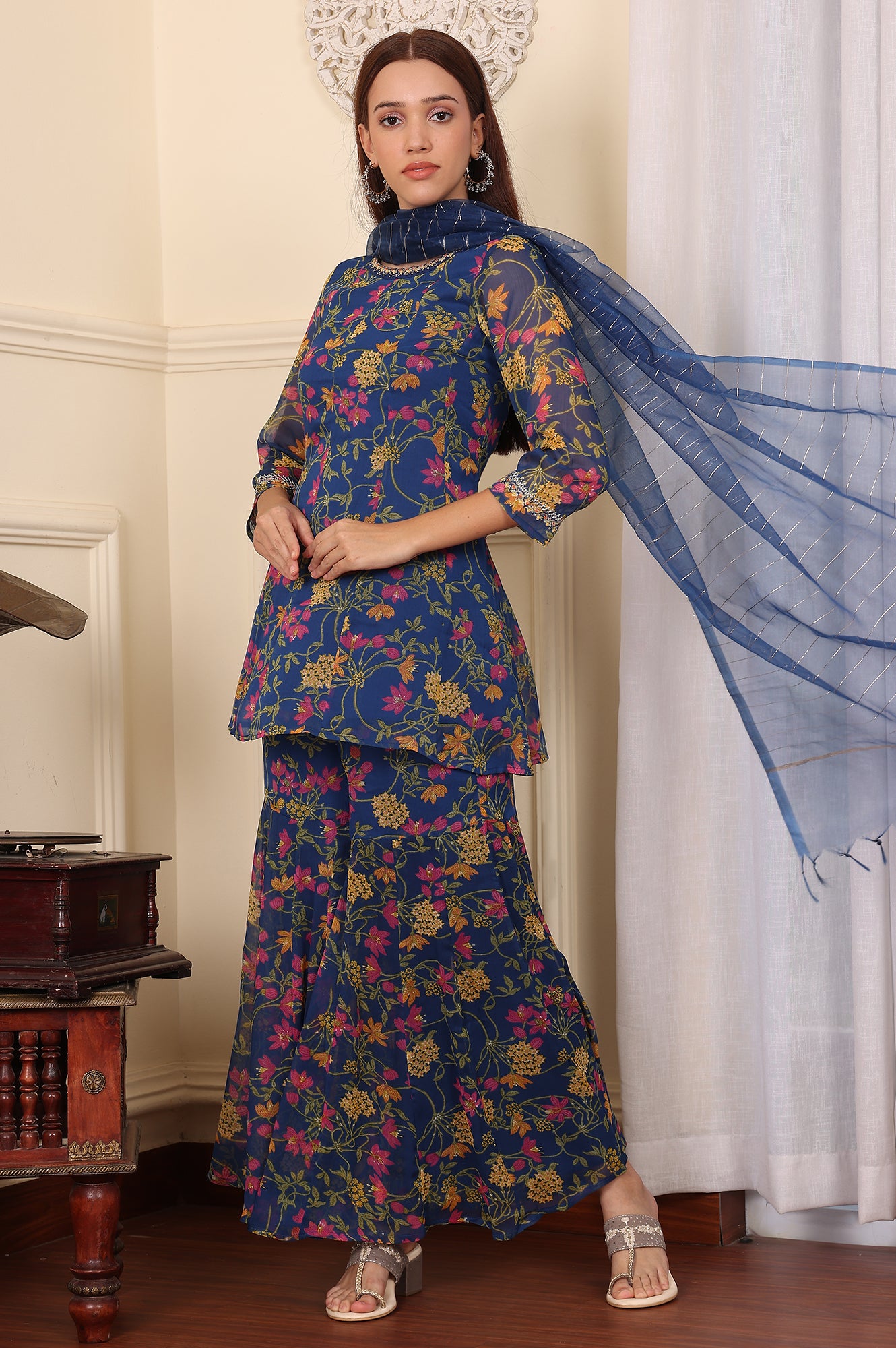 Navy Blue Floral Printed Embroidered Flared Short Kurta And Sharara Set With Dupatta - wforwoman