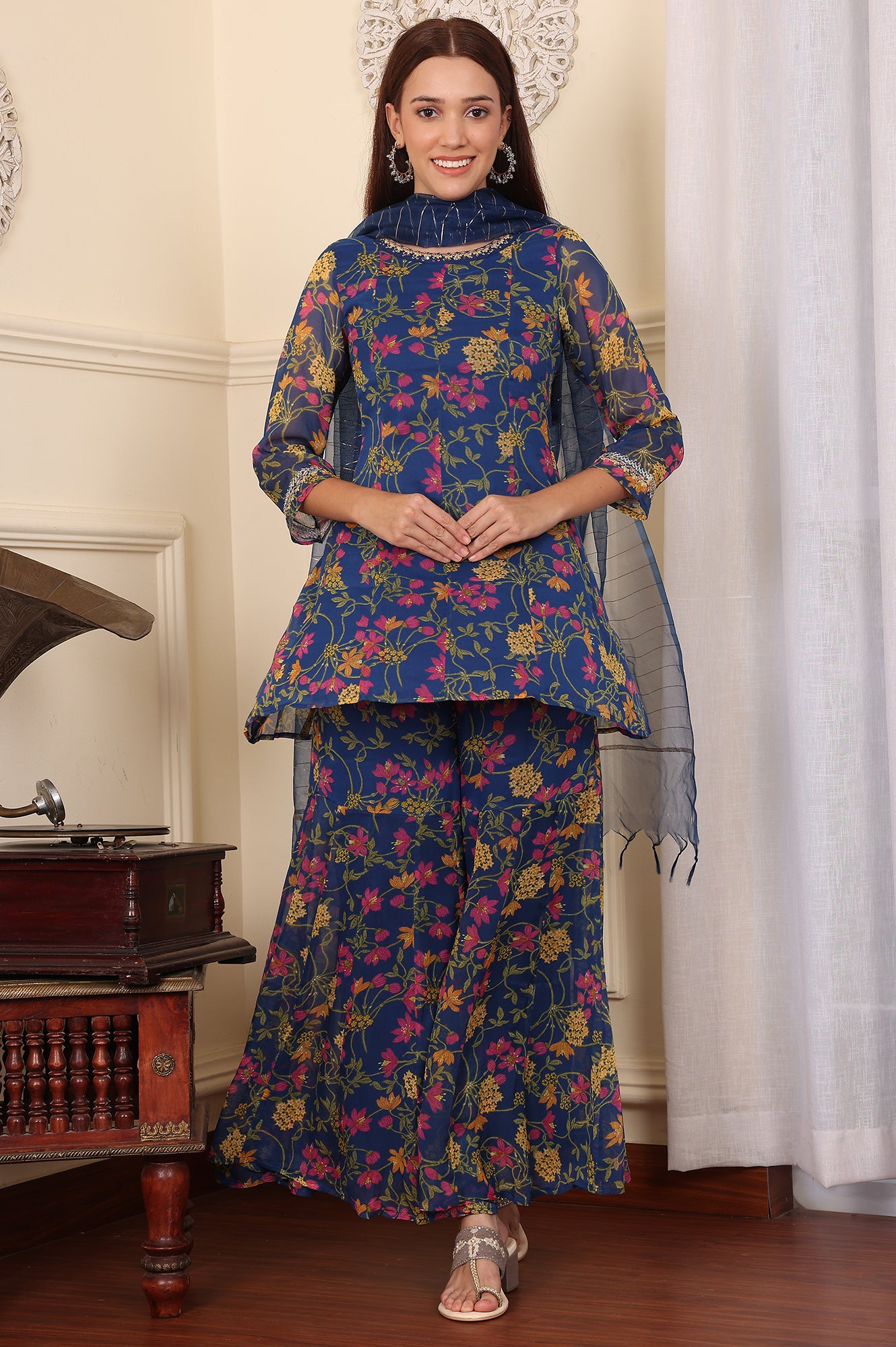 Navy Blue Floral Printed Embroidered Flared Short Kurta And Sharara Set With Dupatta - wforwoman