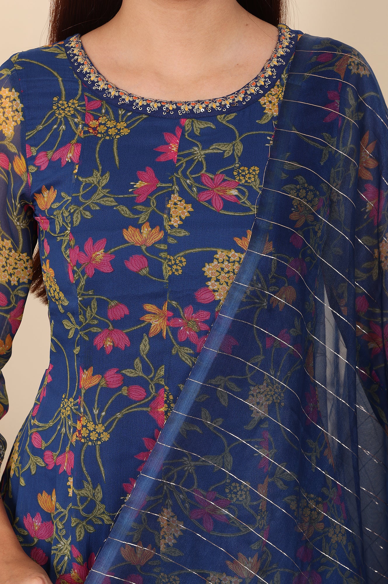 Navy Blue Floral Printed Embroidered Flared Short Kurta And Sharara Set With Dupatta - wforwoman