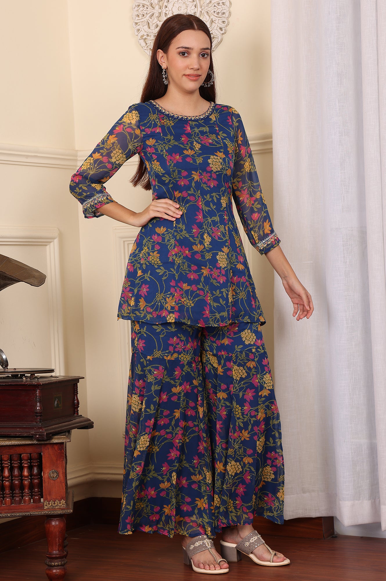 Navy Blue Floral Printed Embroidered Flared Short Kurta And Sharara Set With Dupatta - wforwoman