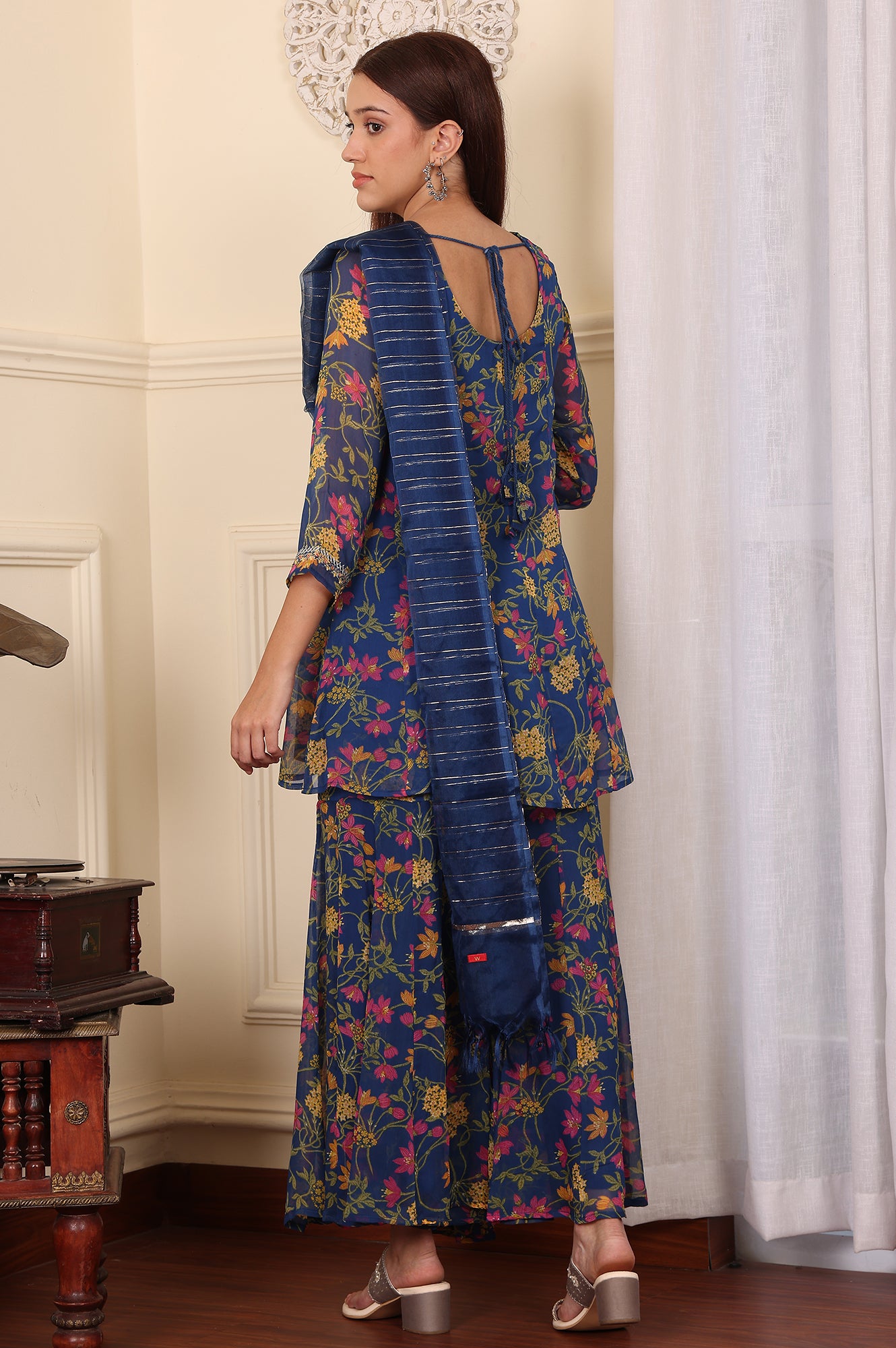 Navy Blue Floral Printed Embroidered Flared Short Kurta And Sharara Set With Dupatta - wforwoman