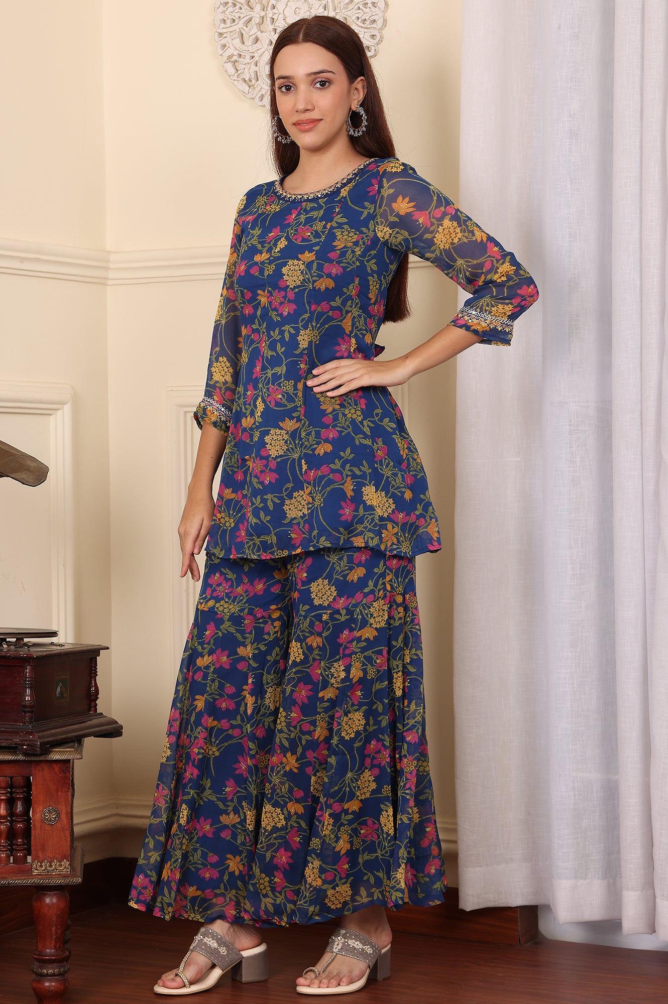 Navy Blue Floral Printed Embroidered Flared Short Kurta And Sharara Set With Dupatta - wforwoman