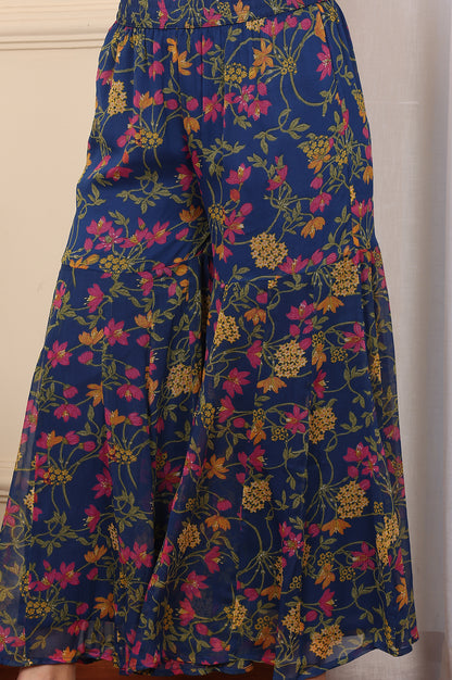 Navy Blue Floral Printed Embroidered Flared Short Kurta And Sharara Set With Dupatta