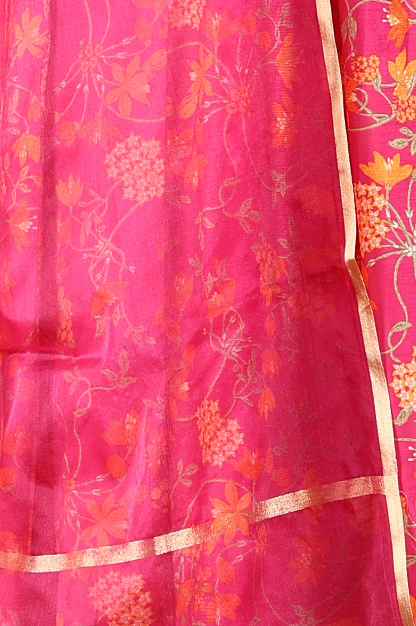 Magenta Pink Floral Printed Kalidar Flared Chanderi Kurta &amp; Pants Set With Dupatta