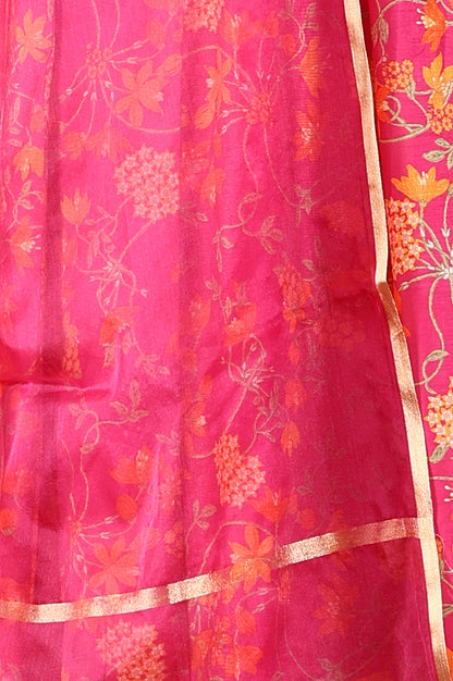 Magenta Pink Floral Printed Kalidar Flared Chanderi Kurta &amp; Pants Set With Dupatta