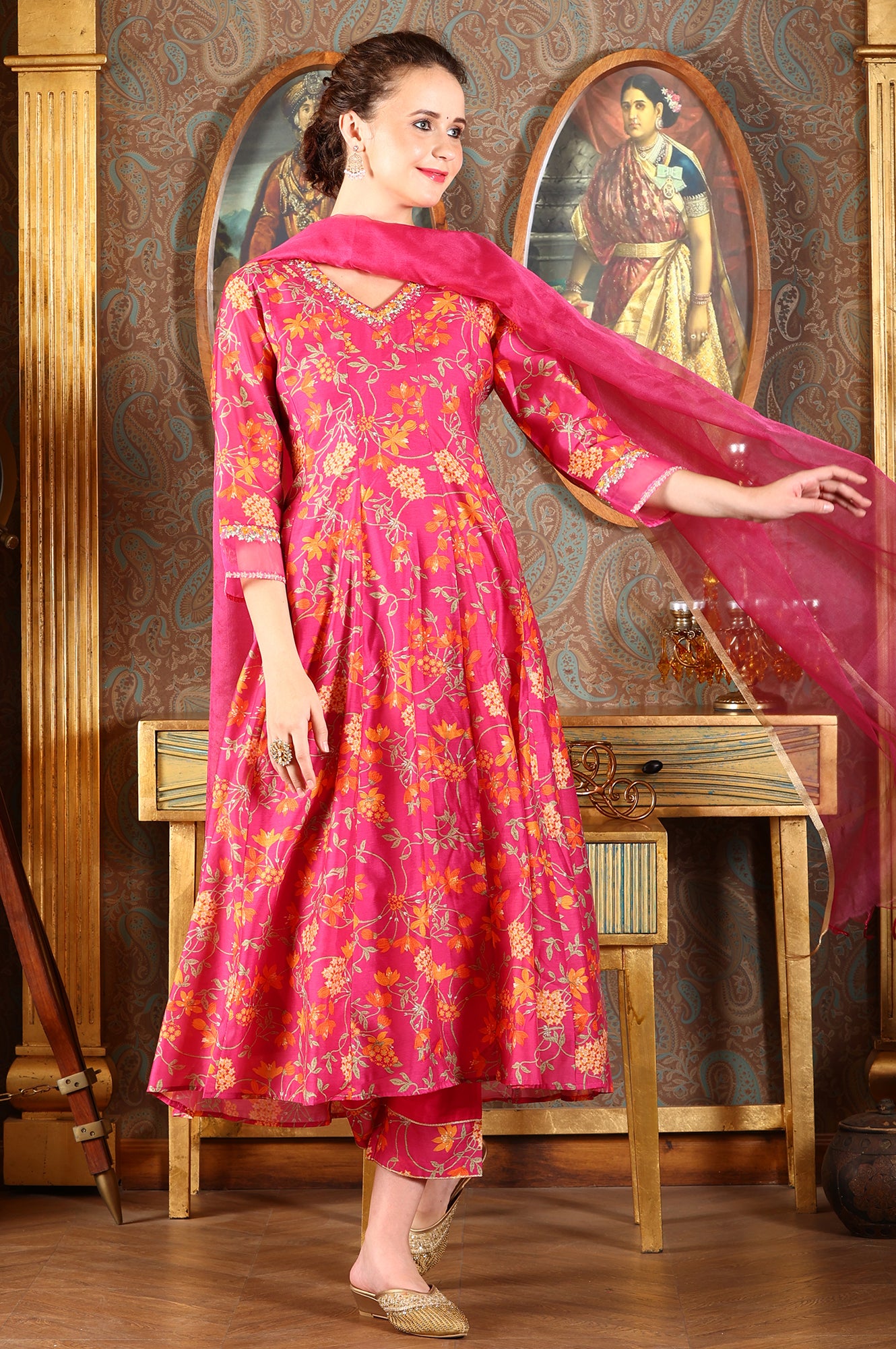 Magenta Pink Floral Printed Kalidar Flared Chanderi Kurta &amp; Pants Set With Dupatta