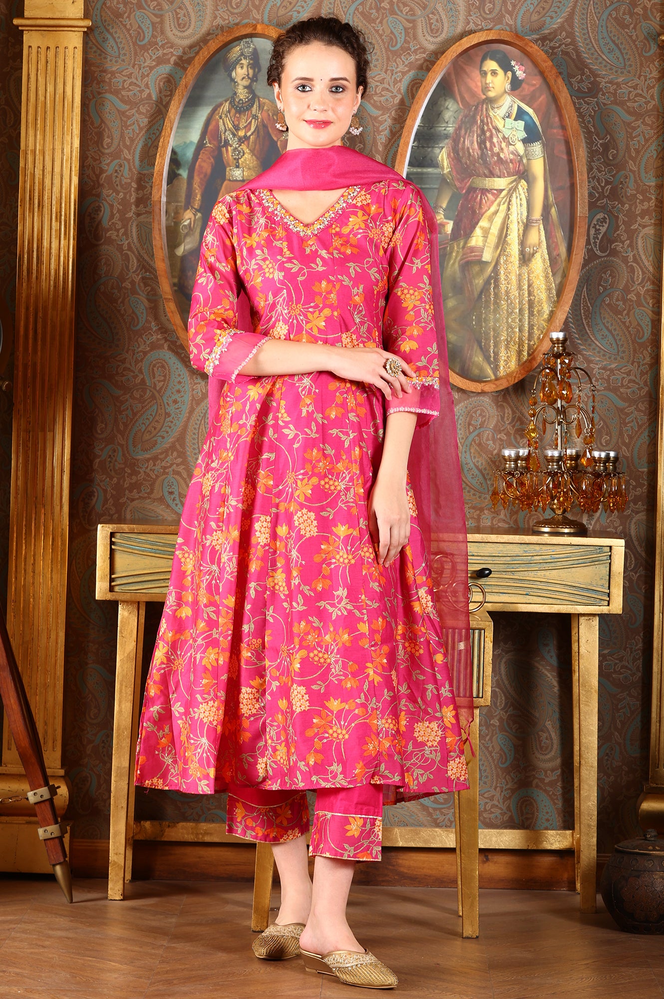 Magenta Pink Floral Printed Kalidar Flared Chanderi Kurta &amp; Pants Set With Dupatta