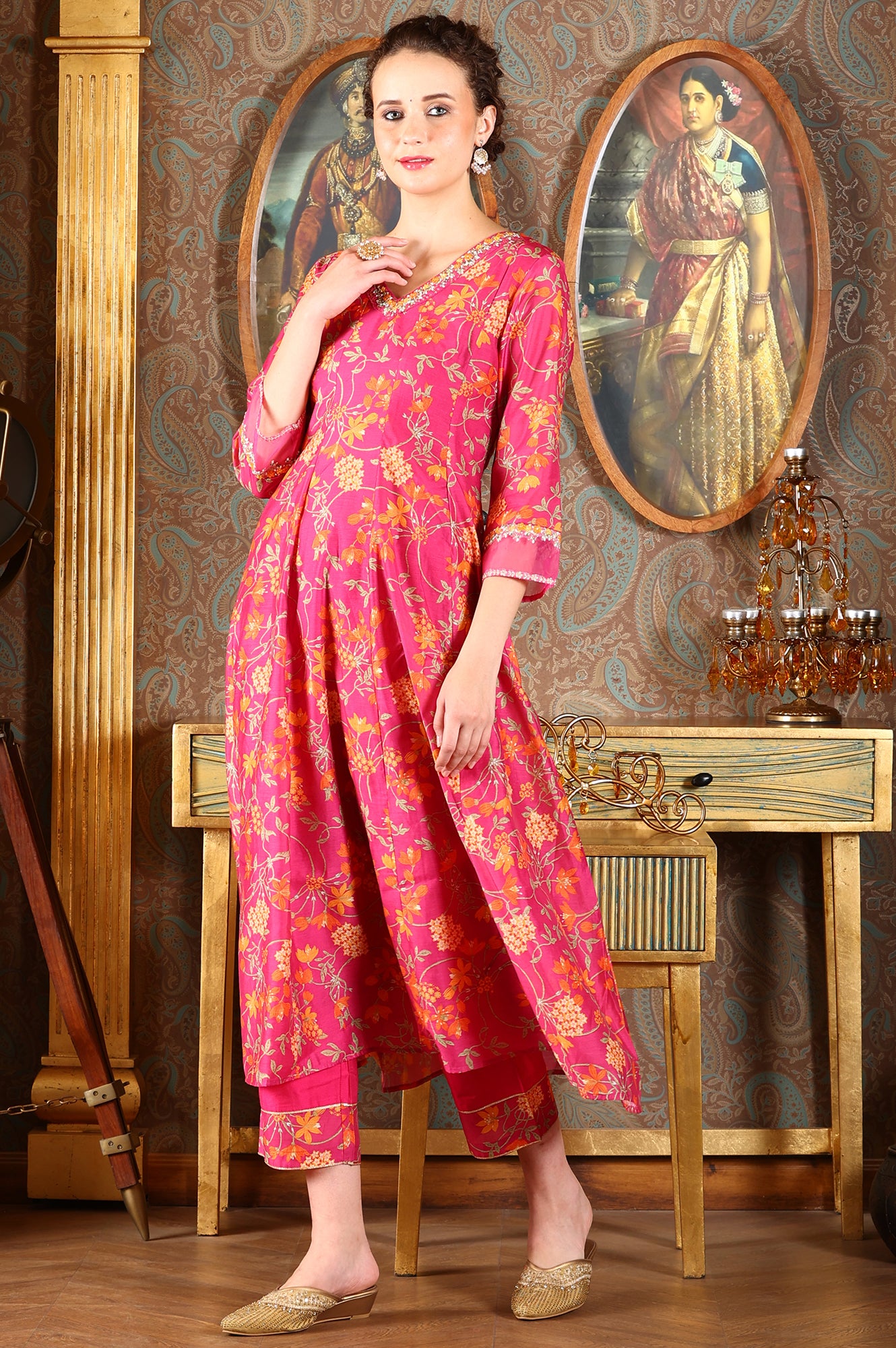 Magenta Pink Floral Printed Kalidar Flared Chanderi Kurta &amp; Pants Set With Dupatta