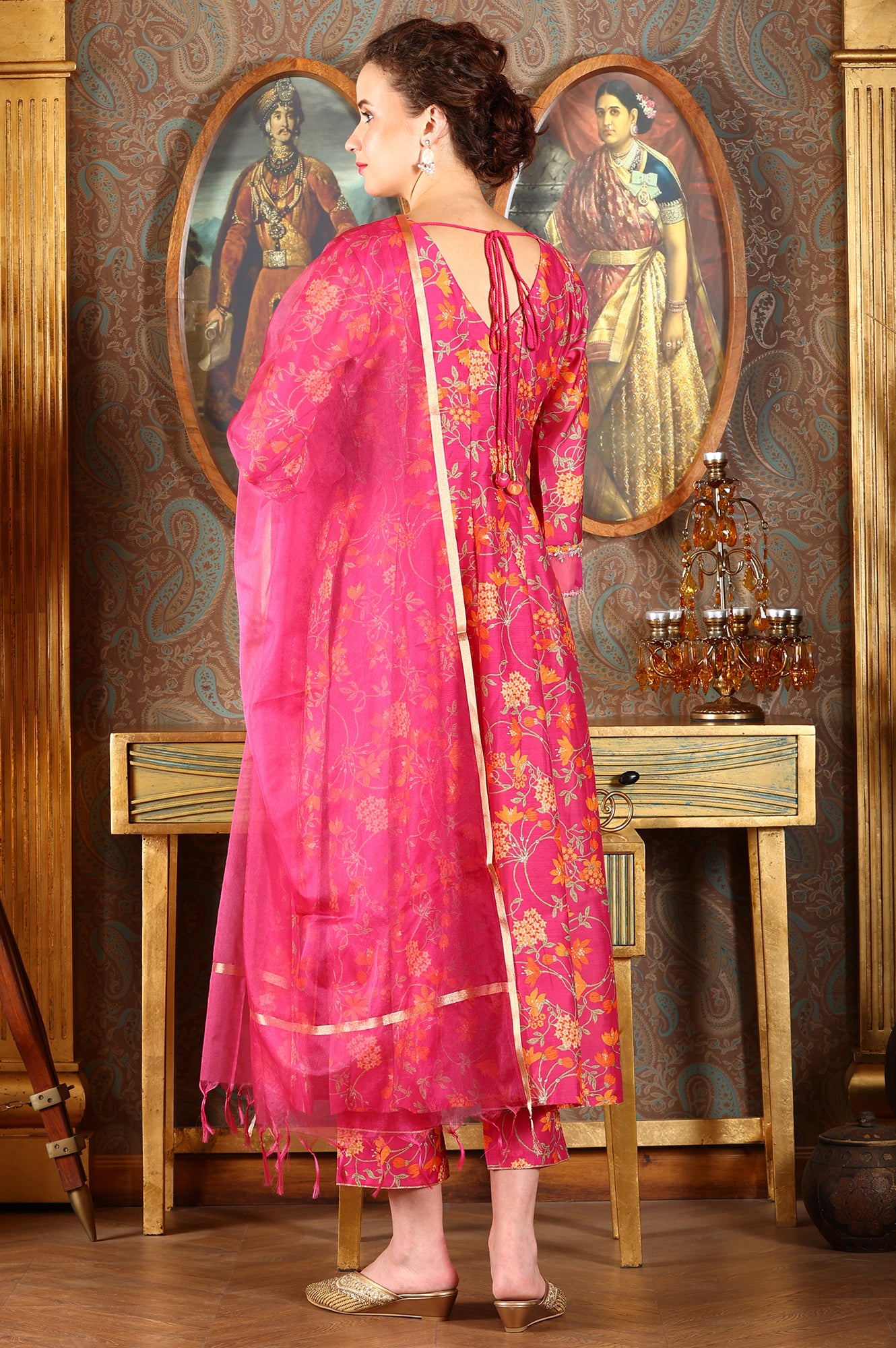 Magenta Pink Floral Printed Kalidar Flared Chanderi Kurta &amp; Pants Set With Dupatta