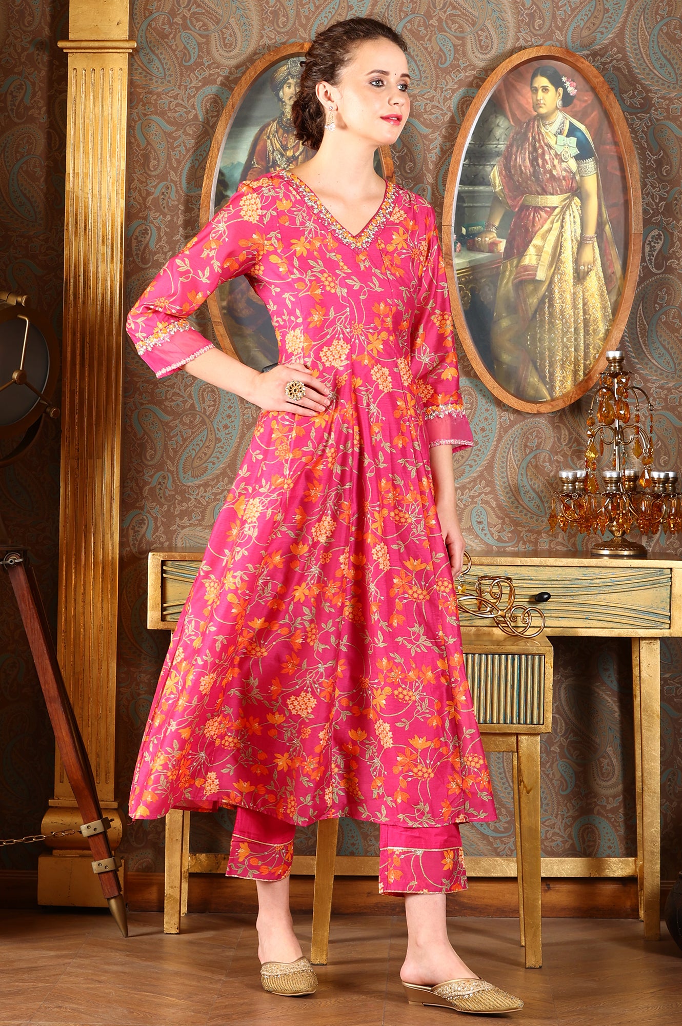 Magenta Pink Floral Printed Kalidar Flared Chanderi Kurta &amp; Pants Set With Dupatta