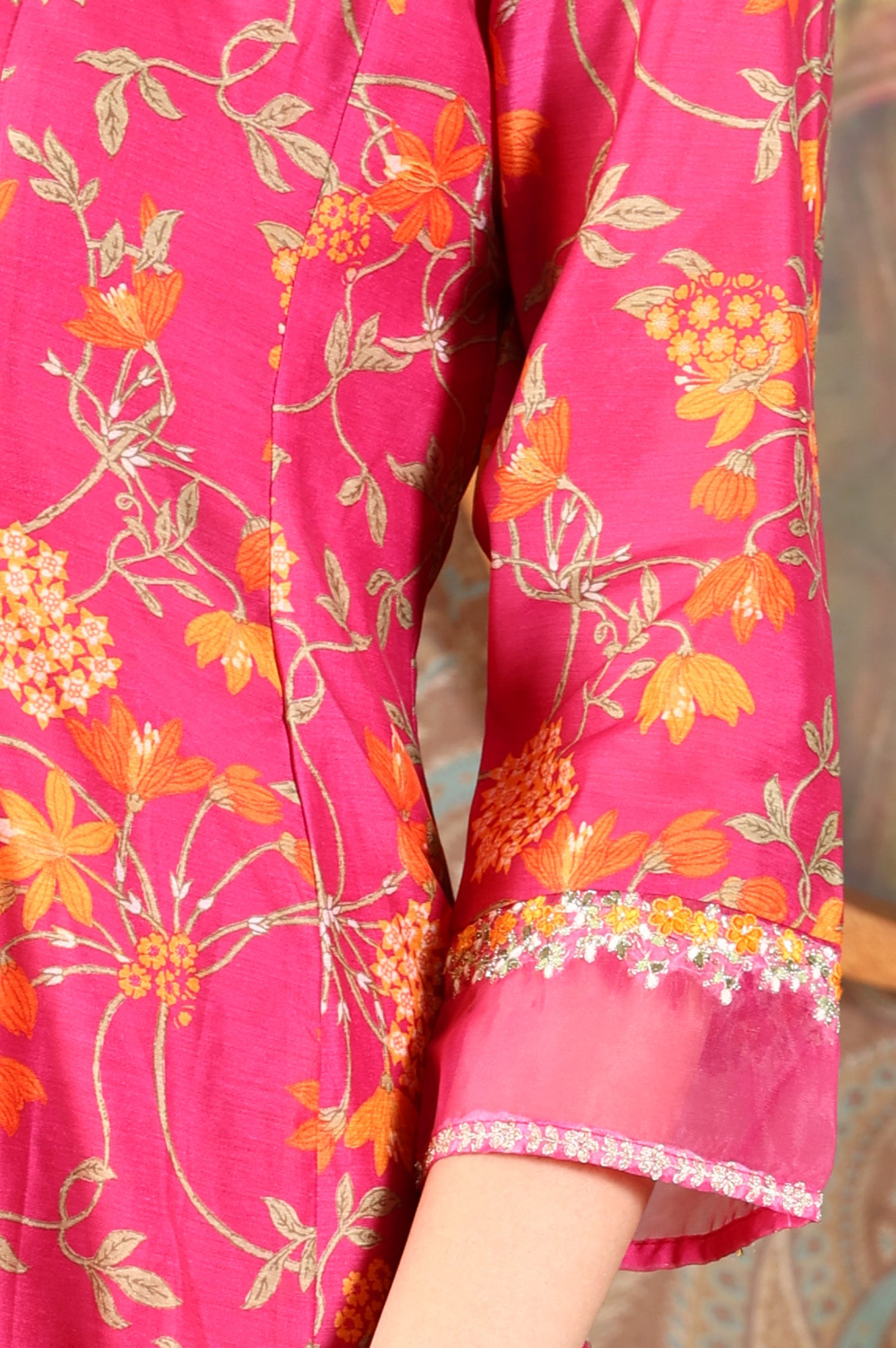 Magenta Pink Floral Printed Kalidar Flared Chanderi Kurta &amp; Pants Set With Dupatta