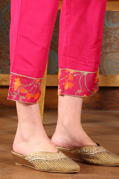 Magenta Pink Floral Printed Kalidar Flared Chanderi Kurta &amp; Pants Set With Dupatta