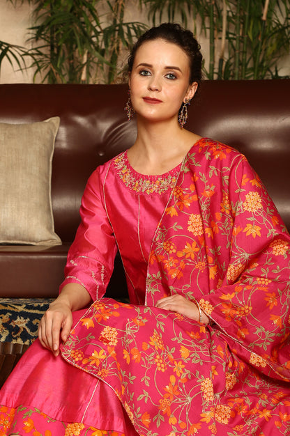 Magenta Pink Chanderi Dori Embroidered Anarkali Kurta, Pants And Dupatta Set