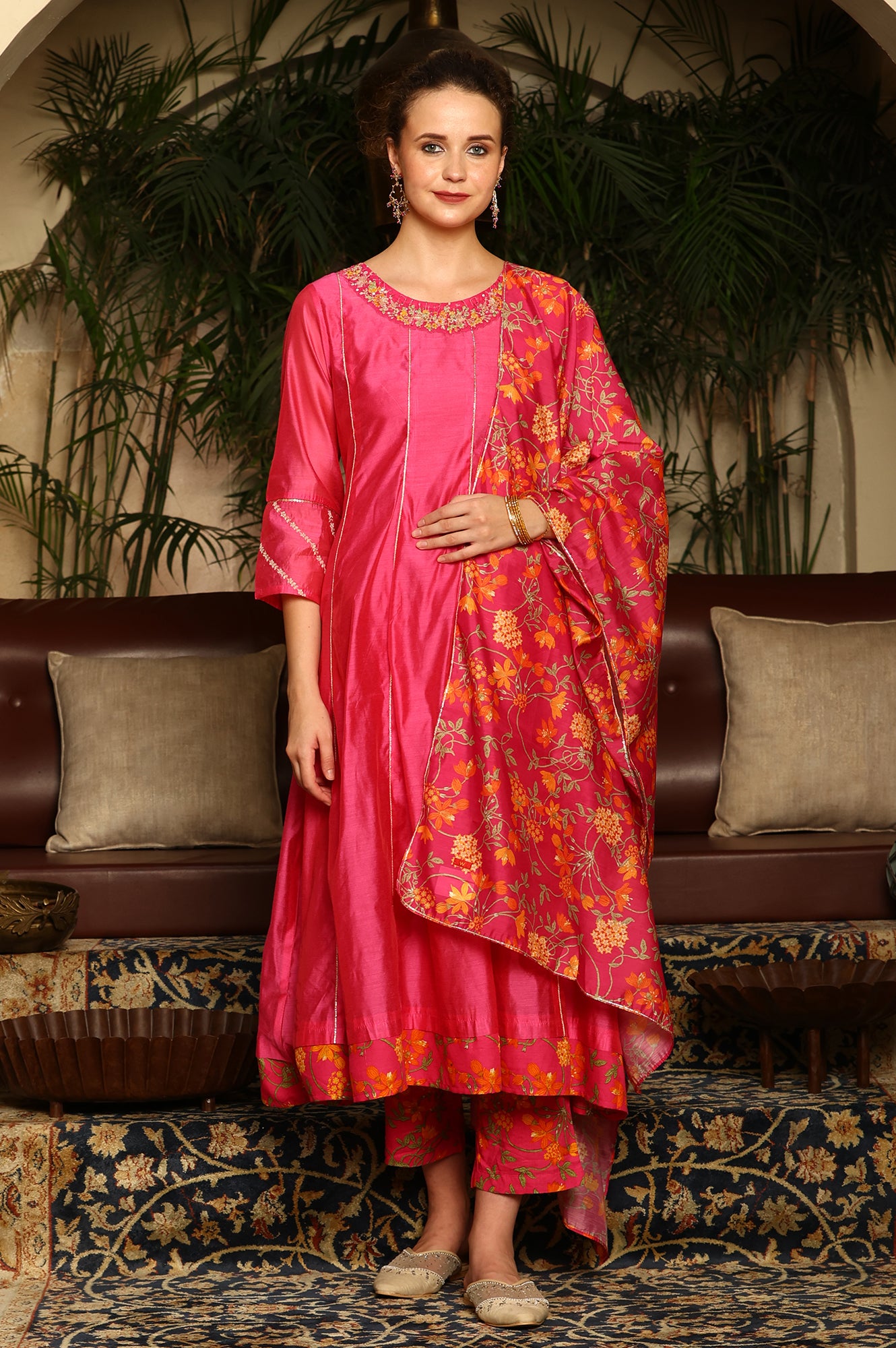 Magenta Pink Chanderi Dori Embroidered Anarkali Kurta, Pants And Dupatta Set