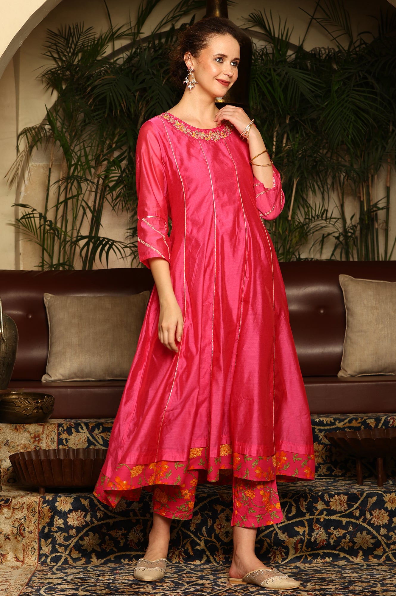 Magenta Pink Chanderi Dori Embroidered Anarkali Kurta, Pants And Dupatta Set